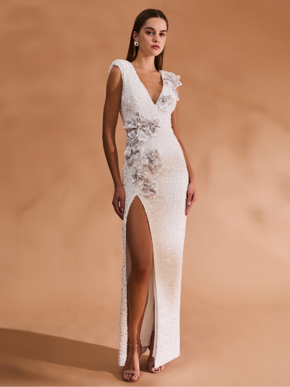 Ivory Beaded Floral-Appliqué V-Neck Maxi Dress with Thigh Slit